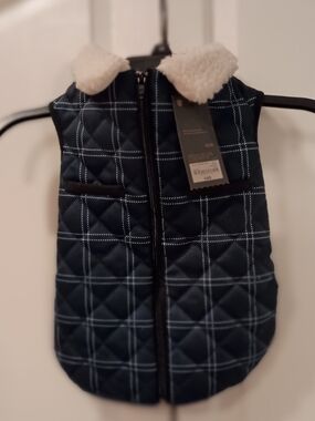 Paw & Tail Navy Plaid Quilted Dog Vest with Sherpa Collar